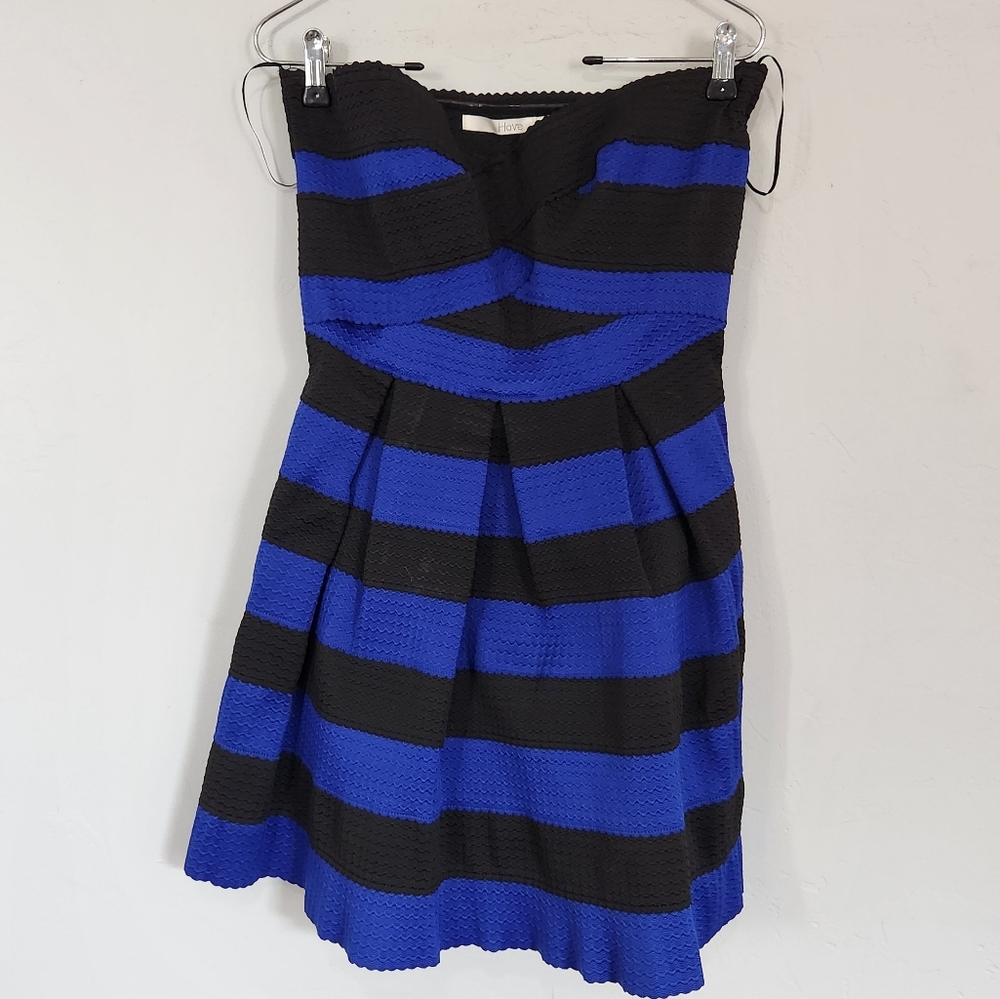 Have Sz M Above Knee Strapless A-line Dress Blue Black Stripe Dress Textured.